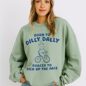 "Born to Dilly Dally" Oversized Sweatshirt - Funny Bear on Bike Crewneck